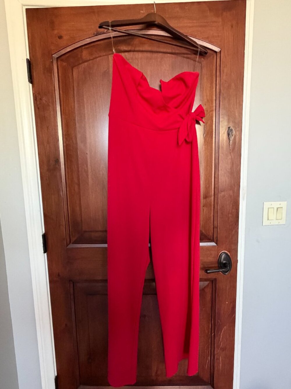 ROW A Red Strapless Jumpsuit XL Sweetheart Neck Bow Detail Wide Leg